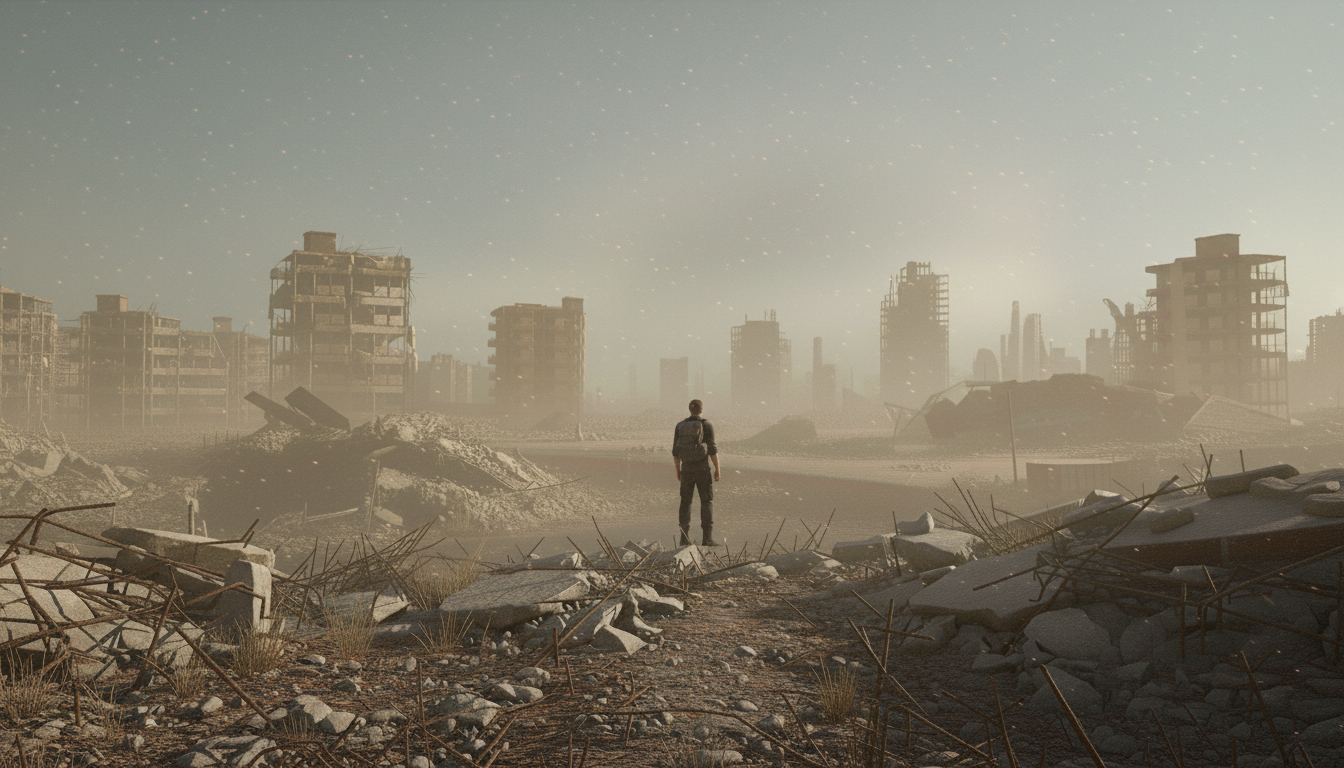 Lone figure in ruins