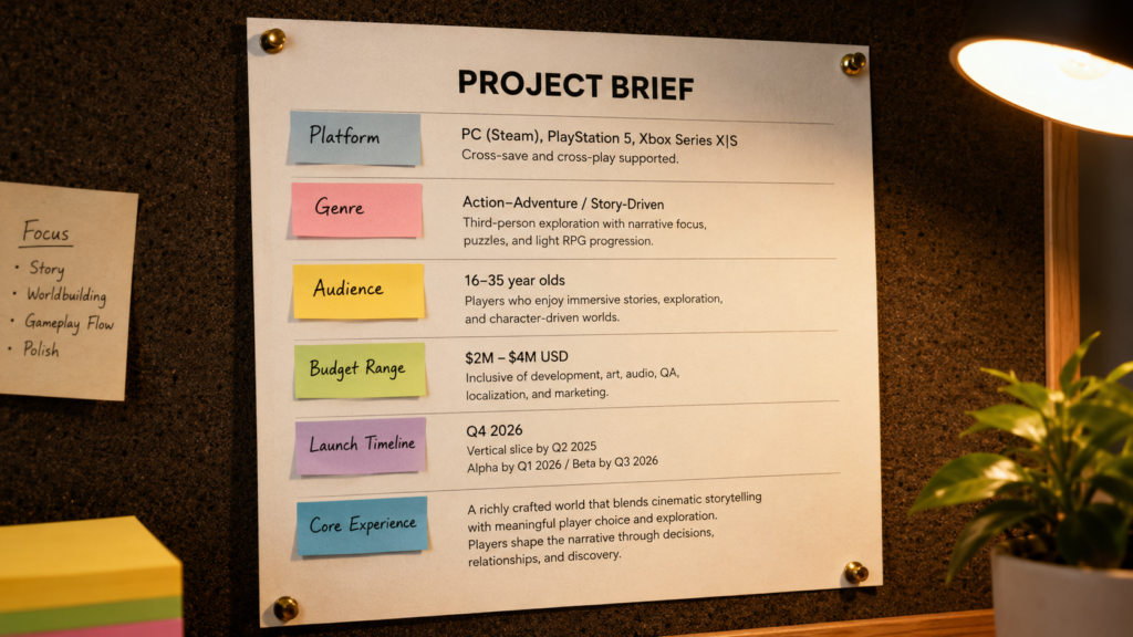 game development studio brief document platform genre budget audience