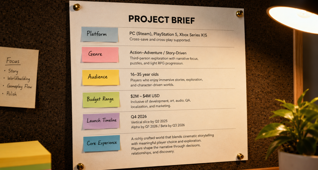 game development studio brief document platform genre budget audience