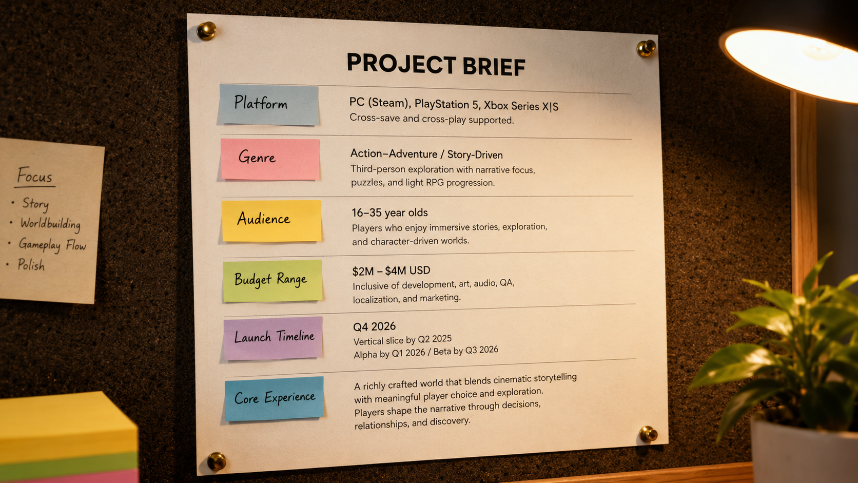 game development studio brief document platform genre budget audience