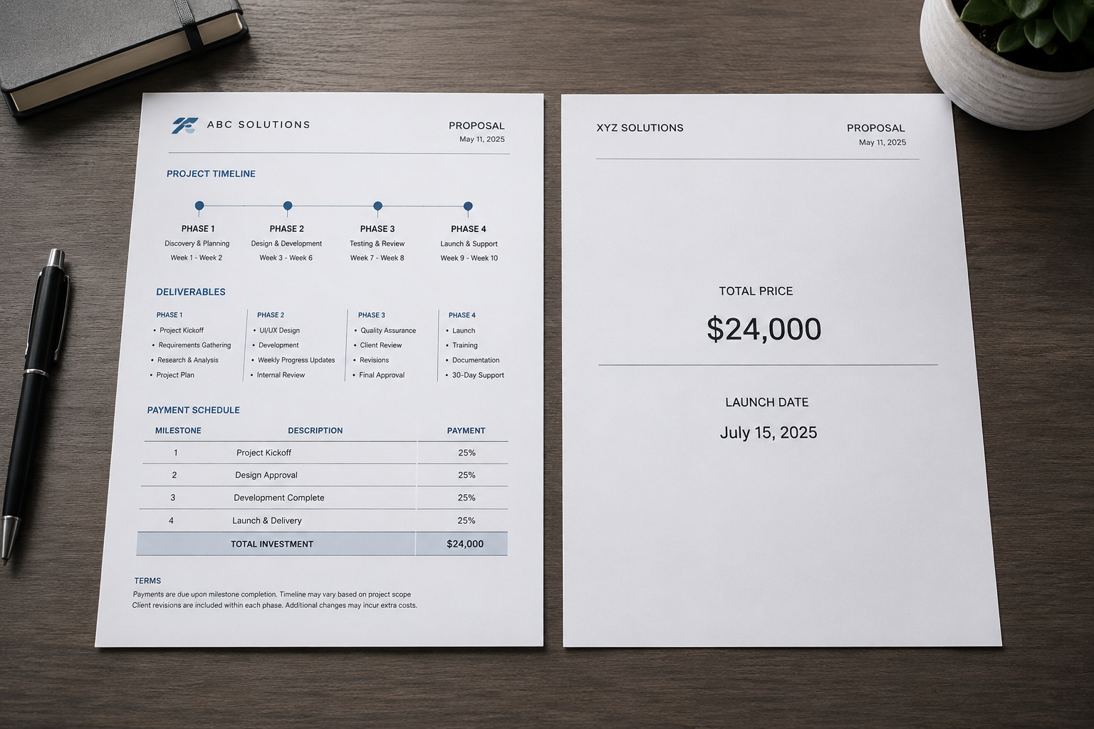 hiring a game development studio proposal comparison milestone structure