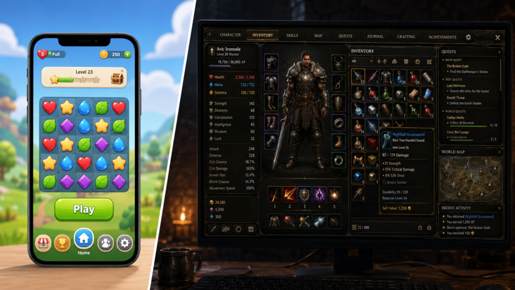 mobile game versus PC game UI complexity comparison