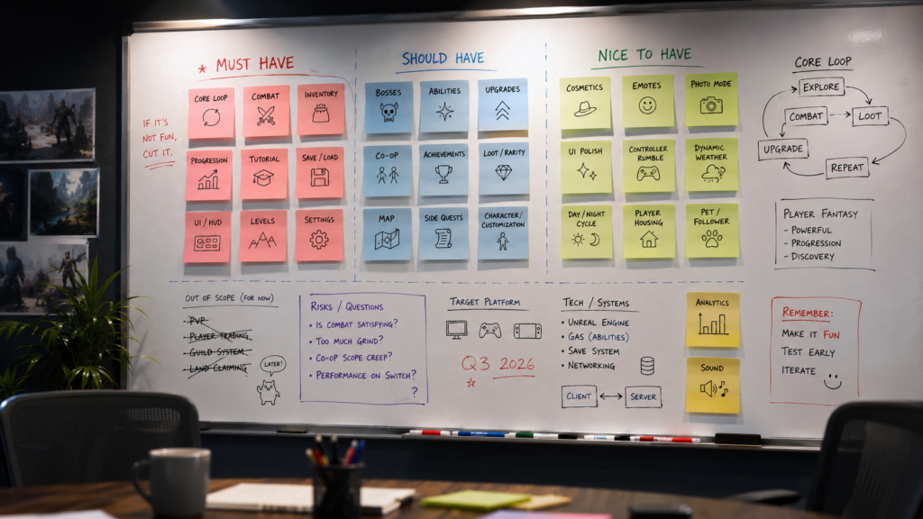 game development ideas validation planning session whiteboard